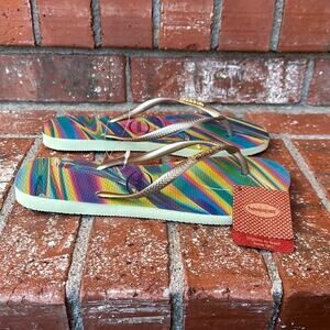 Havaianas Slim Iridescent Flip Flop Sandals Lime Green Shoes Women's Size 9/10